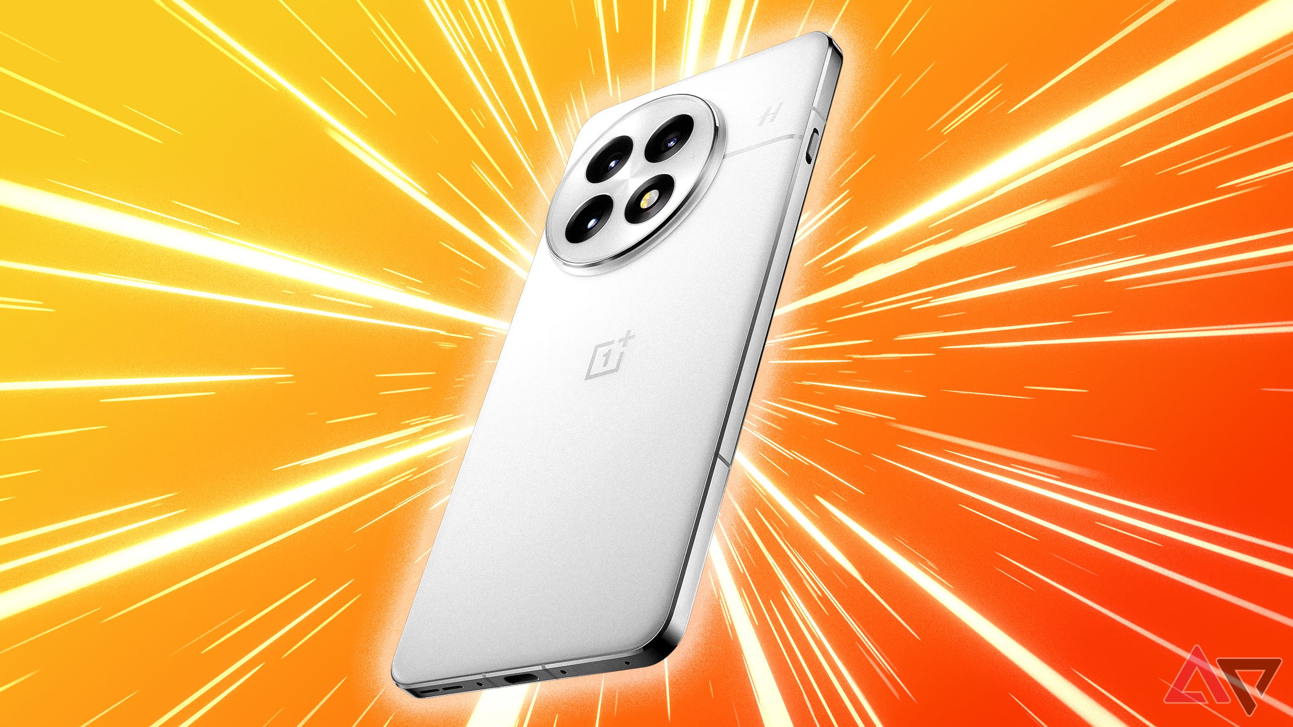 Renderização branca do OnePlus 13 em um fundo colorido