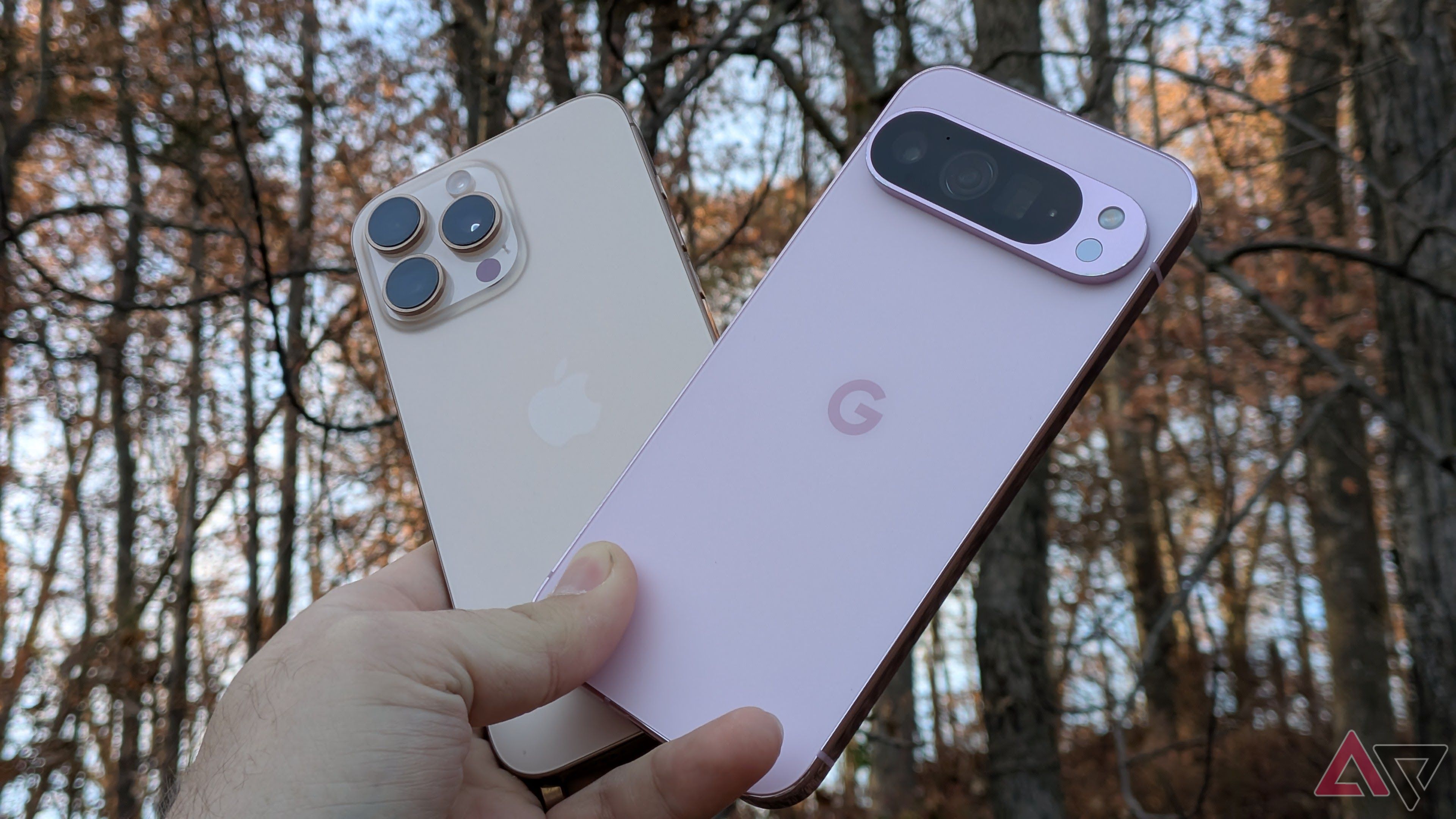 Apple iPhone 16 Pro Max e Google Pixel 9 Pro XL encostados na floresta