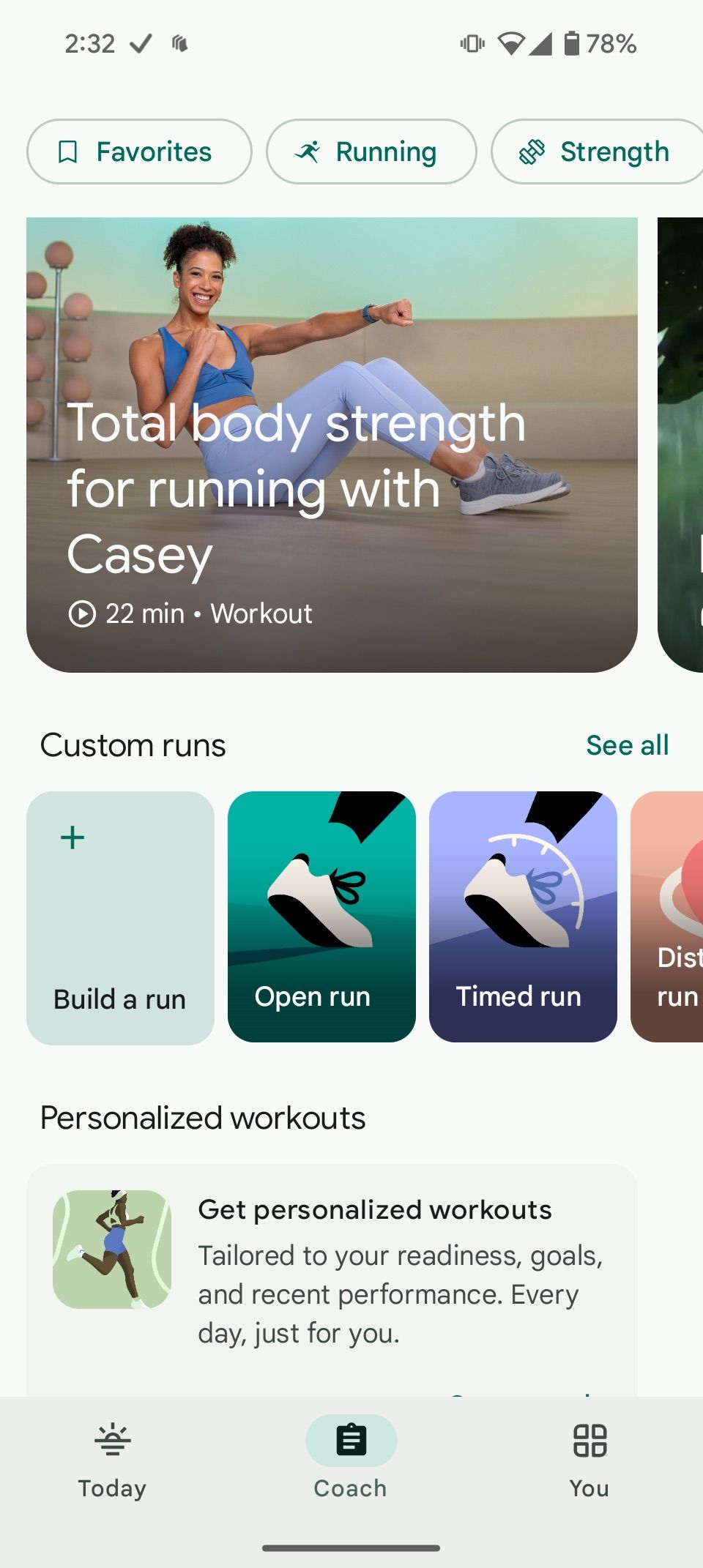 Treino de força total do corpo com opções de corrida personalizadas no aplicativo Fitbit