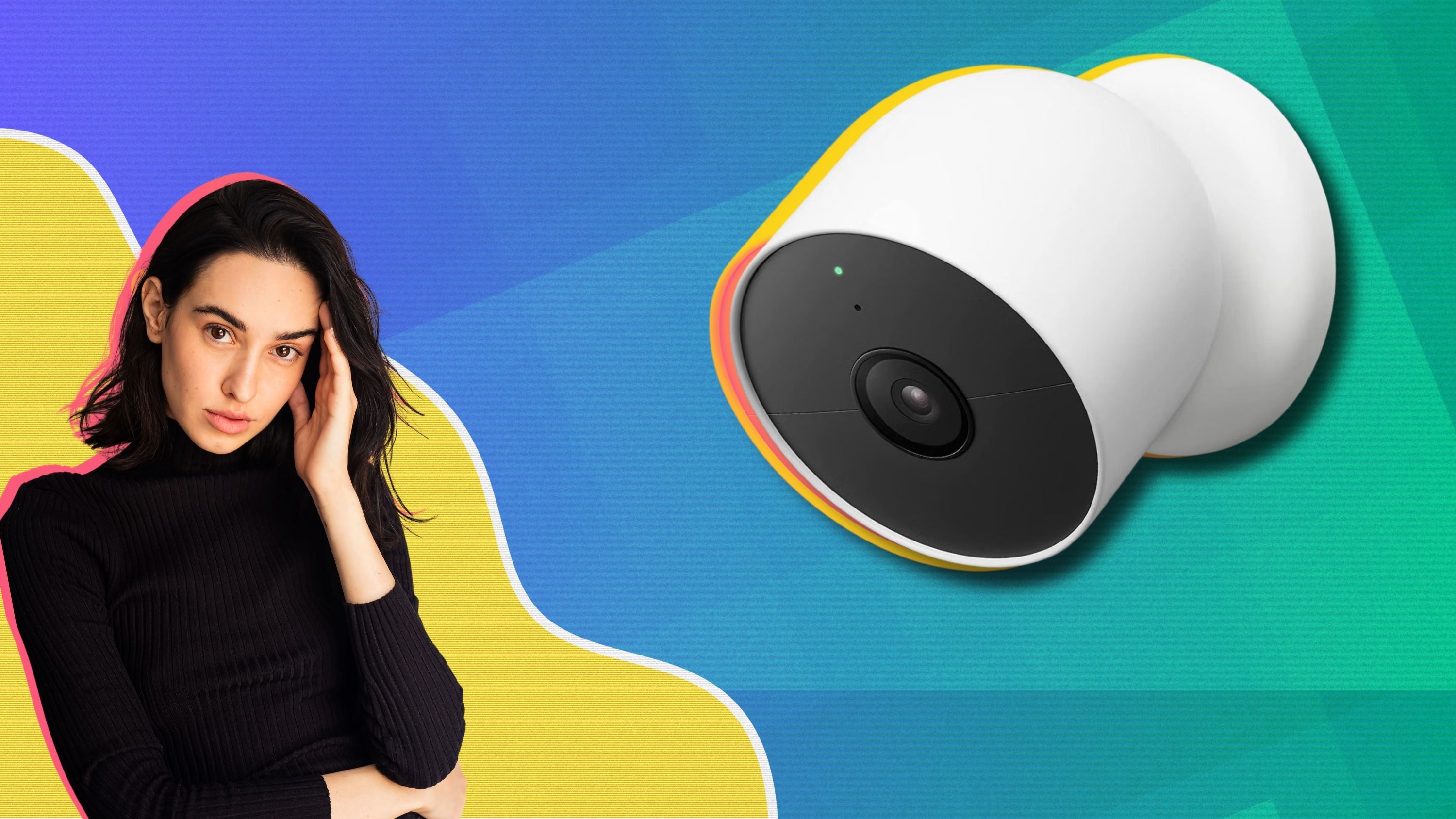 Google Nest Cam junto com uma garota preocupada em um fundo gradiente colorido