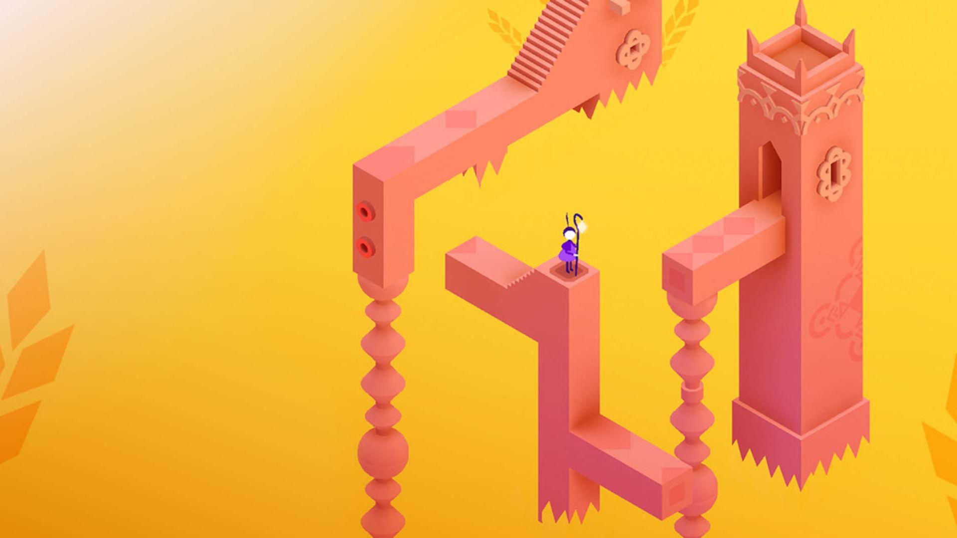 personagem de Monument Valley em pé em edifícios isométricos