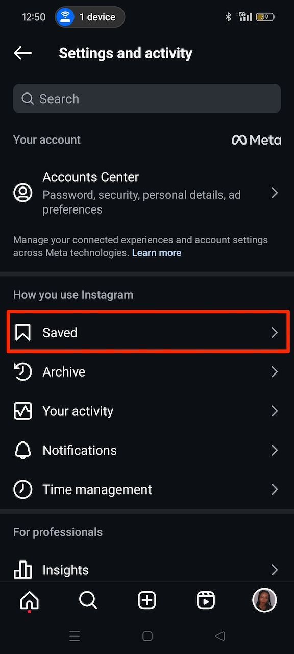 Menu de configurações do Instagram