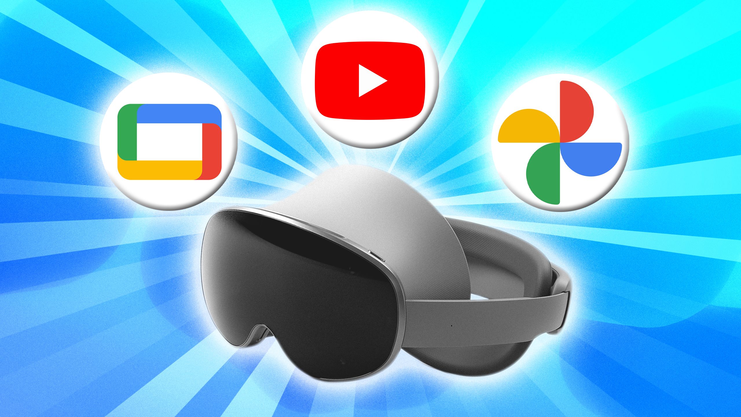 Imagem do próximo headset VR/AR da Samsung, codinome Projeto Moohan, sobreposto em um fundo azul, com os logotipos do Google TV, YouTube e Google Fotos mostrados.