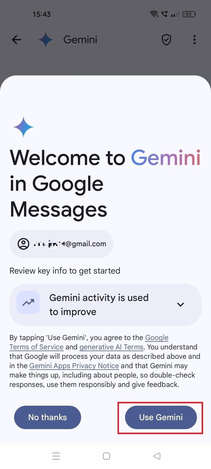 Captura de tela destacando Usar Gemini nas Mensagens do Google 