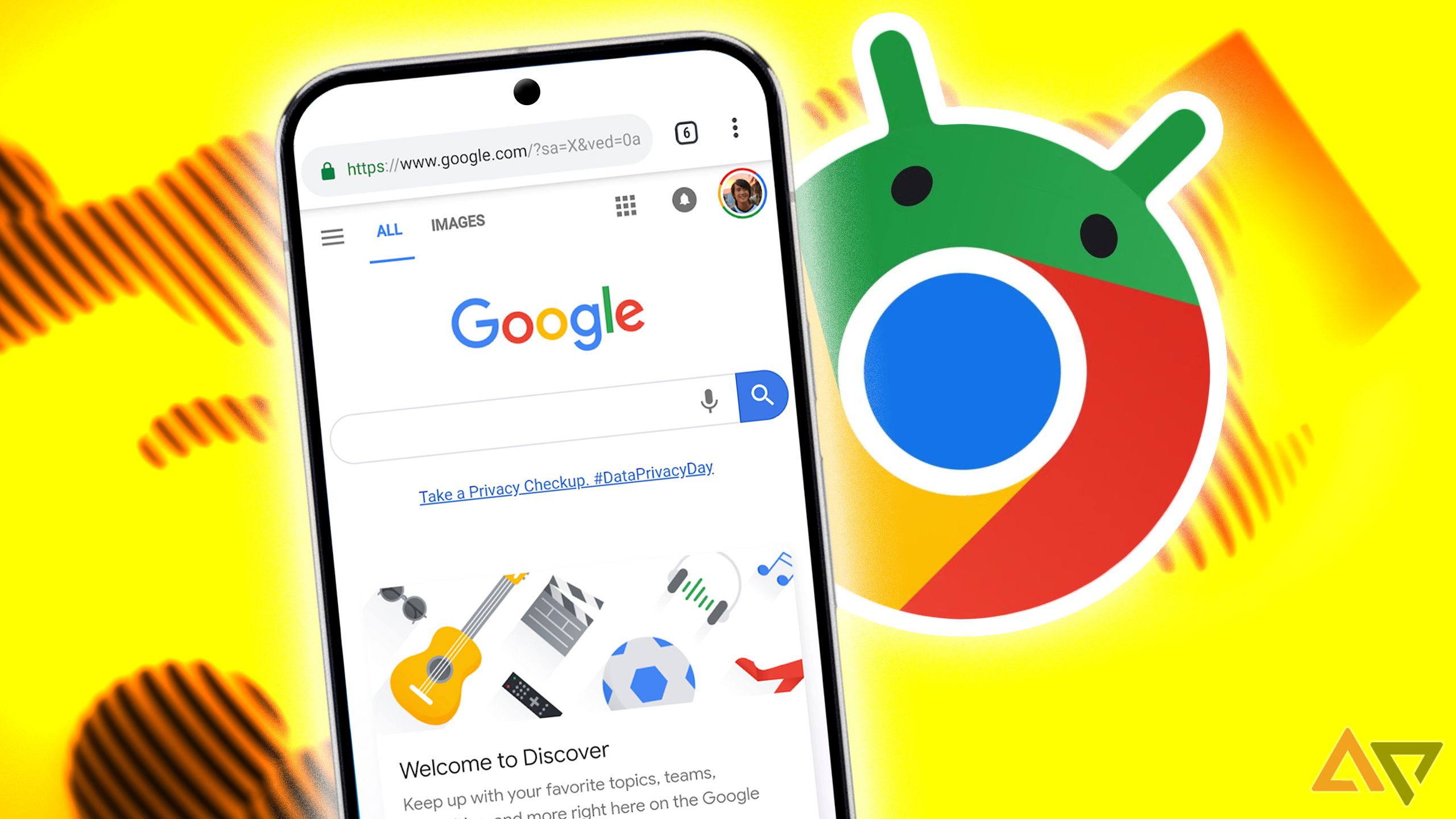 Um telefone com o Google Chrome aberto e os logotipos do Chrome e do Android misturados atrás do telefone sobre um fundo amarelo com formas alinhadas em laranja