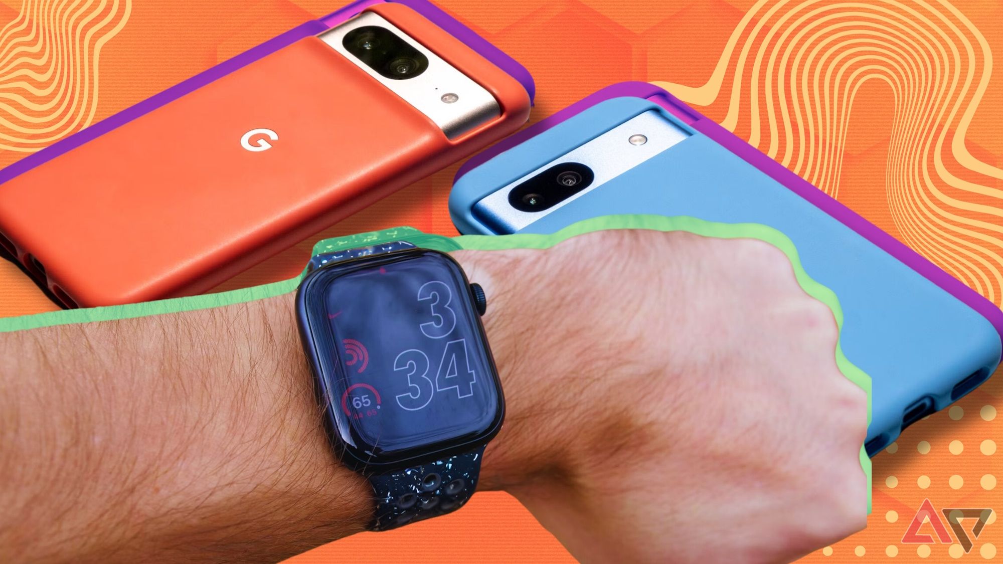 Apple Watch no pulso sobre dois telefones pixel em um fundo estampado