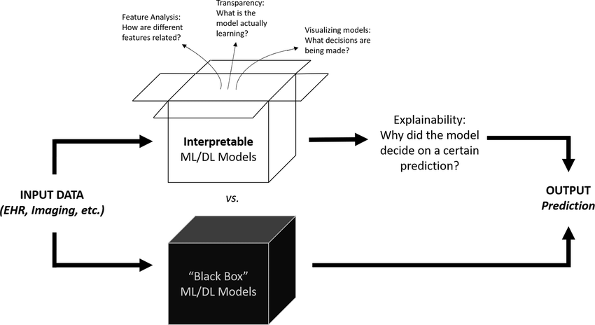 Um diagrama de comparação da caixa preta ai versus modelo interpretável