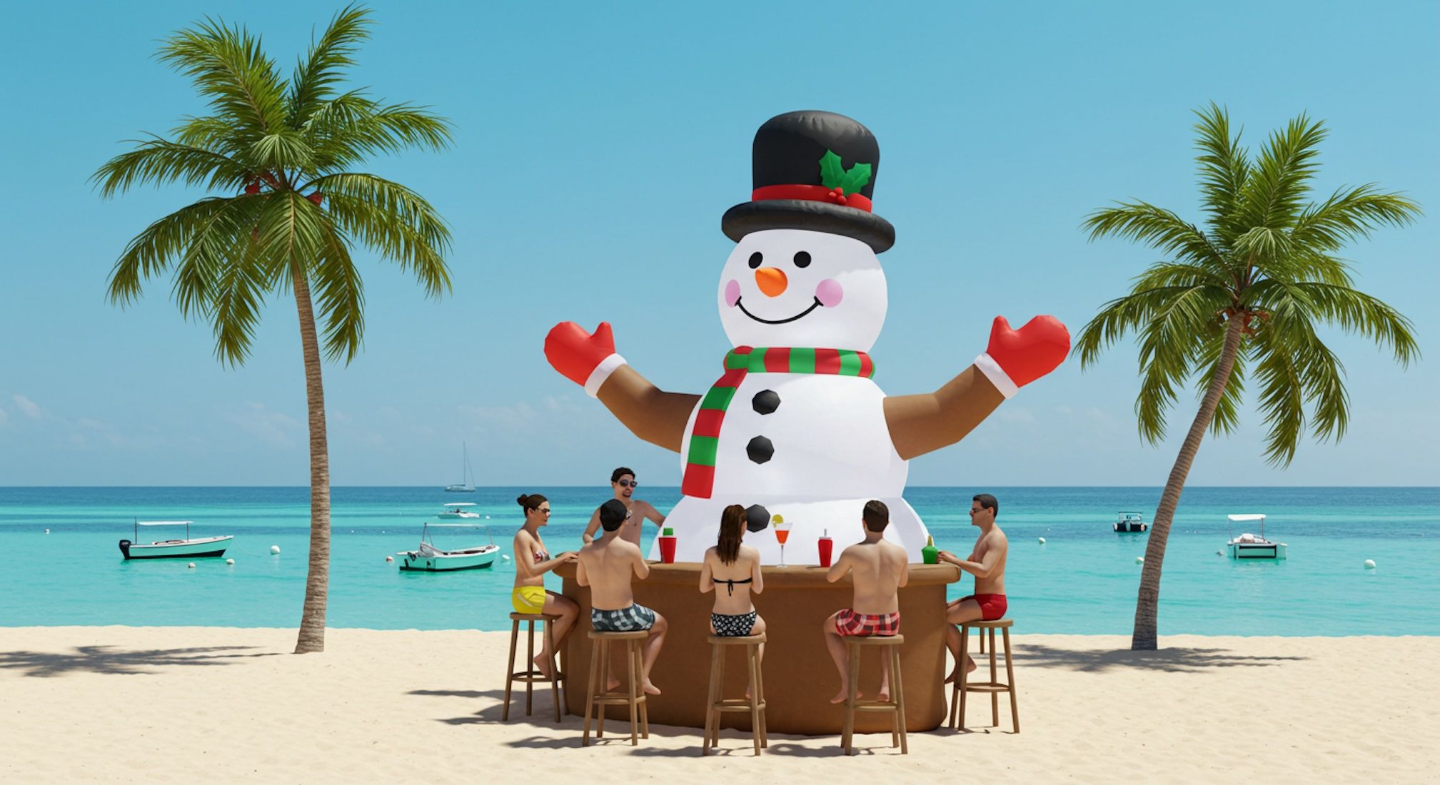 Uma imagem gerada por IA de um boneco de neve gigante servindo bebidas para hóspedes em trajes de banho sentados em um bar em uma praia tropical.