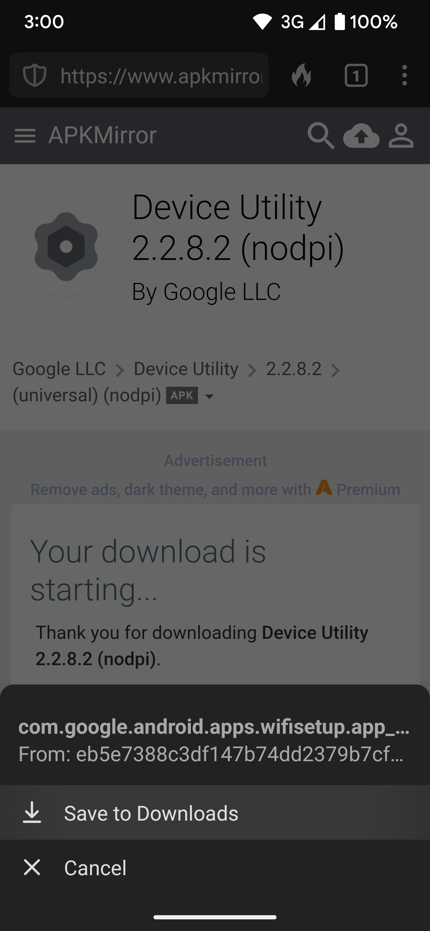 Mostrando o "Salvar em downloads" opção ao baixar o aplicativo Device Utility.