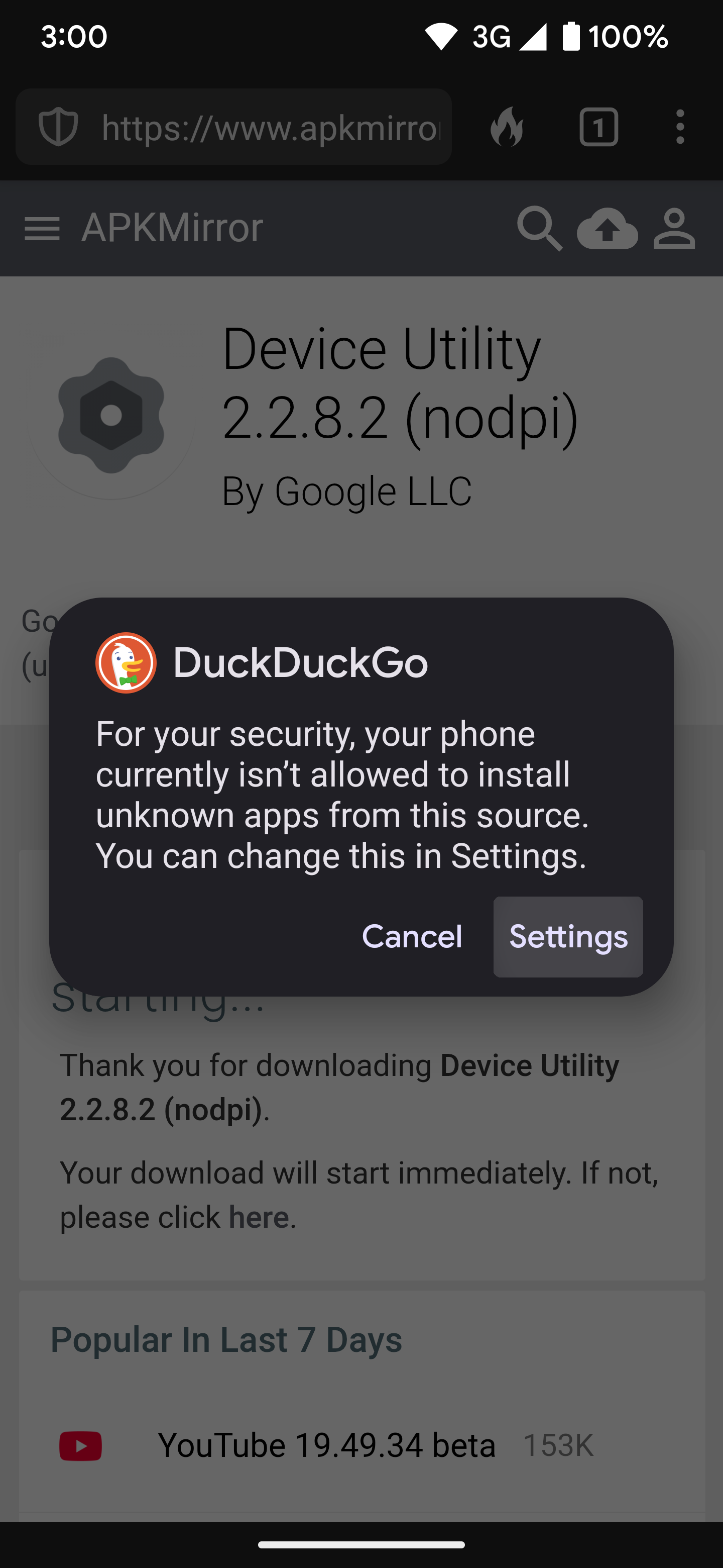 O "Configurações" botão quando DuckDuckGo tenta instalar o aplicativo Device Utility.