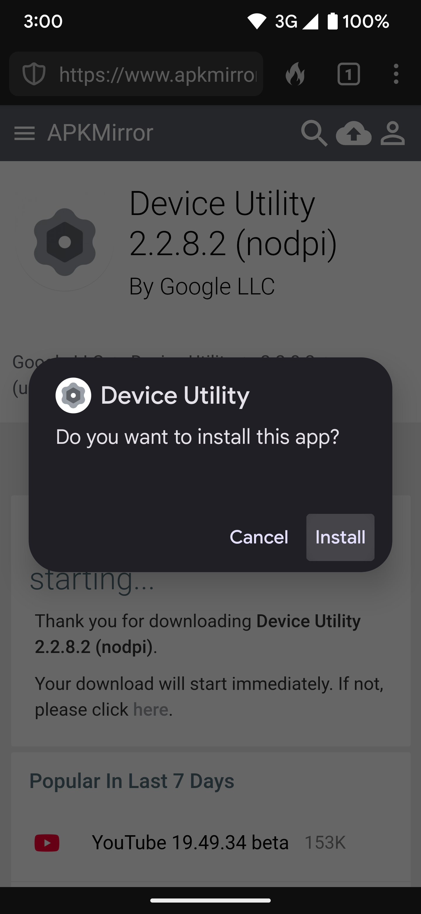 Com as devidas permissões concedidas, pressionando "Instalar" agora fará o sideload do aplicativo Device Utility.