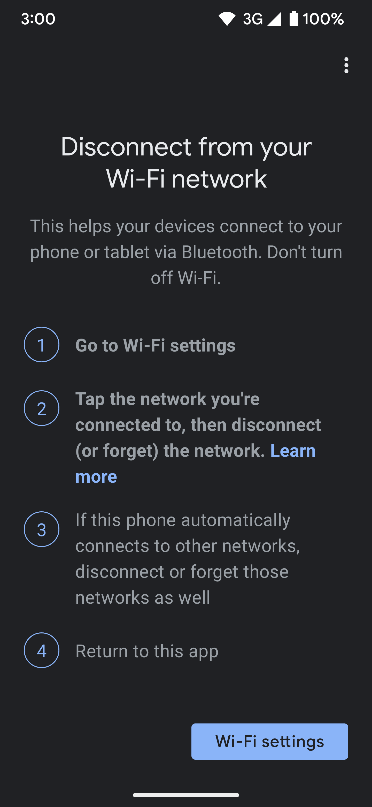 Tela do app Device Utility mostrando que você precisa desligar o Wi-Fi antes de tentar reativar um alto-falante Nest.