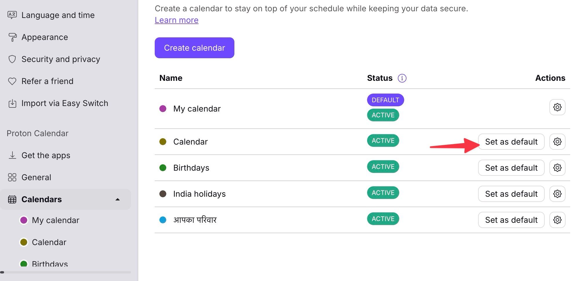 definir outro calendário como padrão no Proton