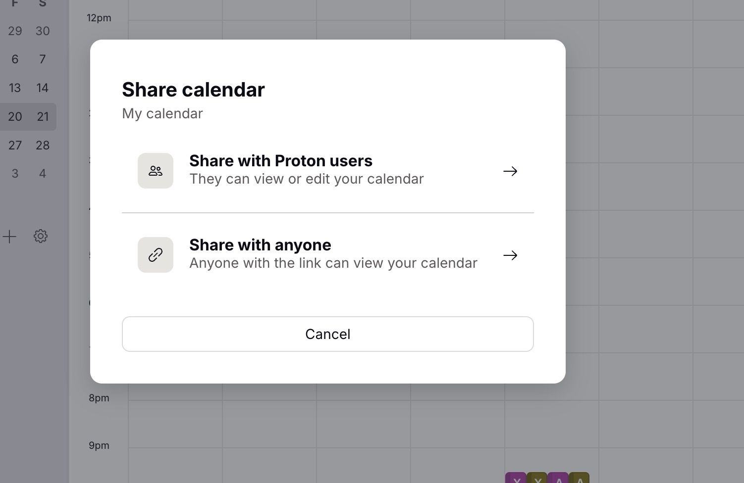 Opções de compartilhamento para Proton Calendar