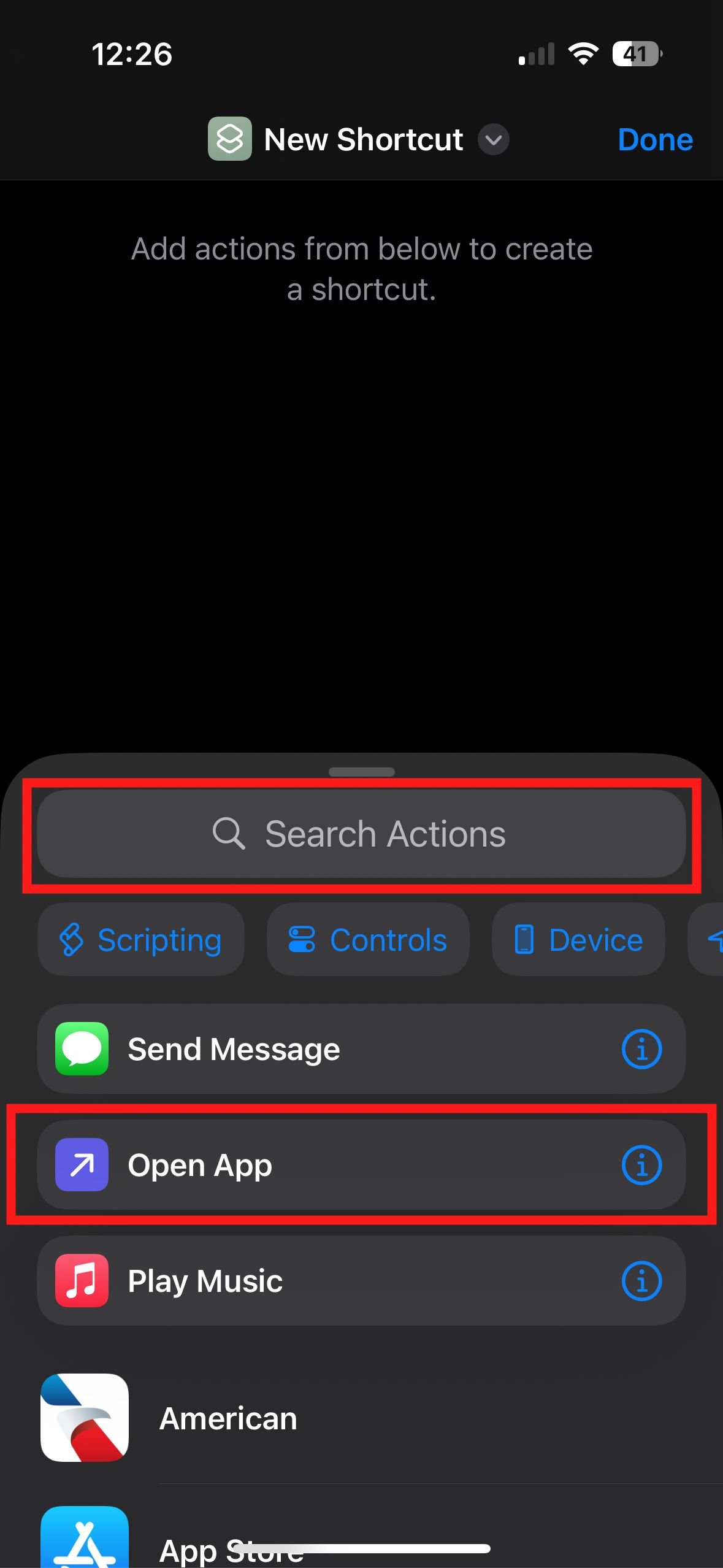 Uma captura de tela do aplicativo Apple Shortcuts com uma caixa vermelha ao redor do aplicativo aberto e opções de pesquisa.