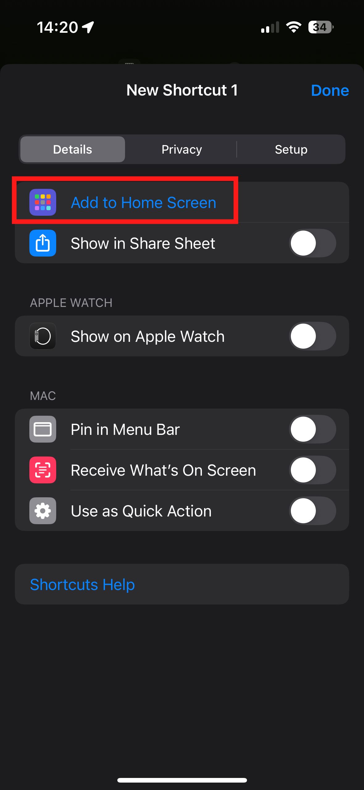 Uma captura de tela da nova opção de atalho do aplicativo Apple Shortcuts com uma caixa vermelha ao redor do botão Adicionar à tela inicial. 