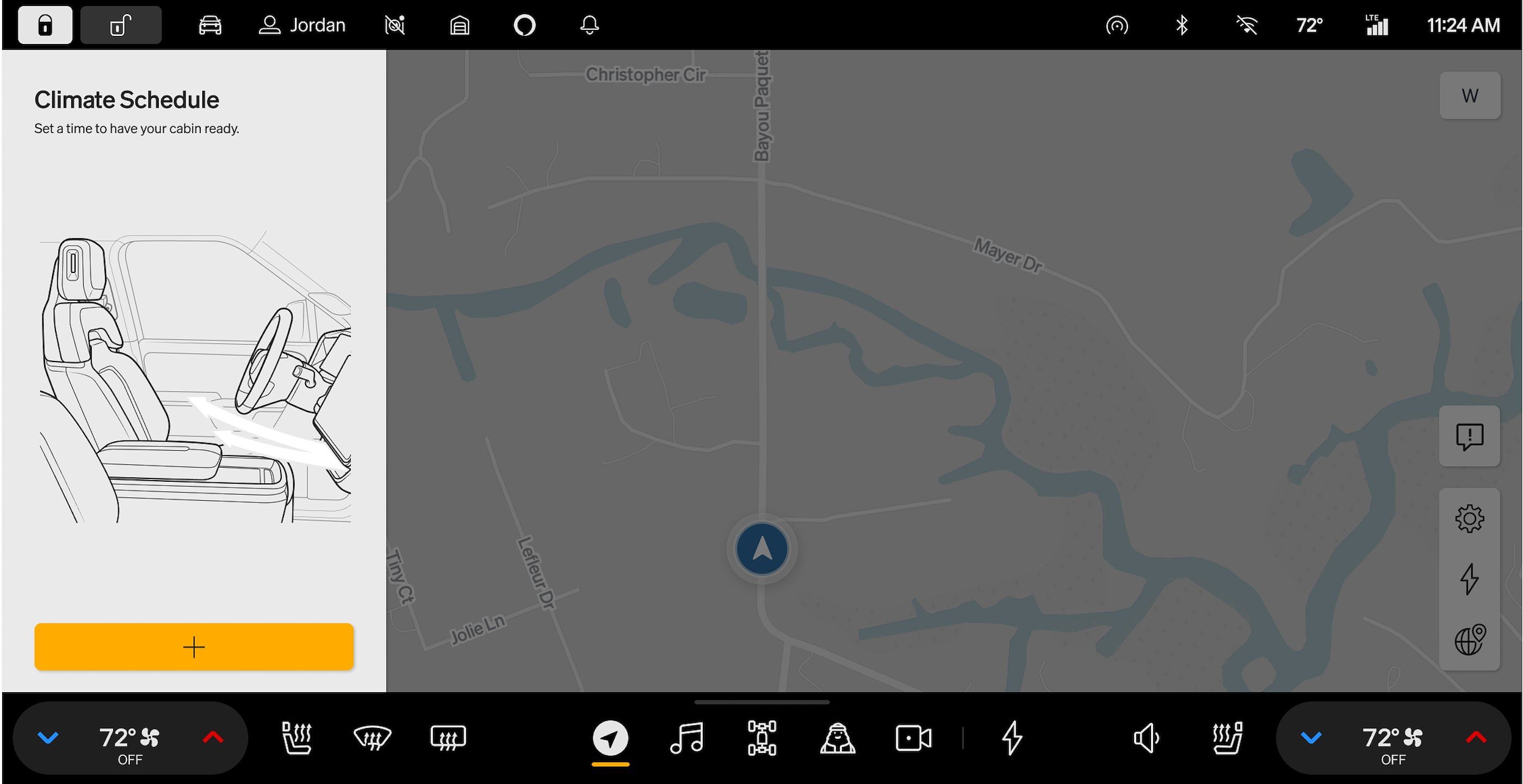 Uma captura de tela de uma tela sensível ao toque Rivian mostrando um mapa e controles climáticos