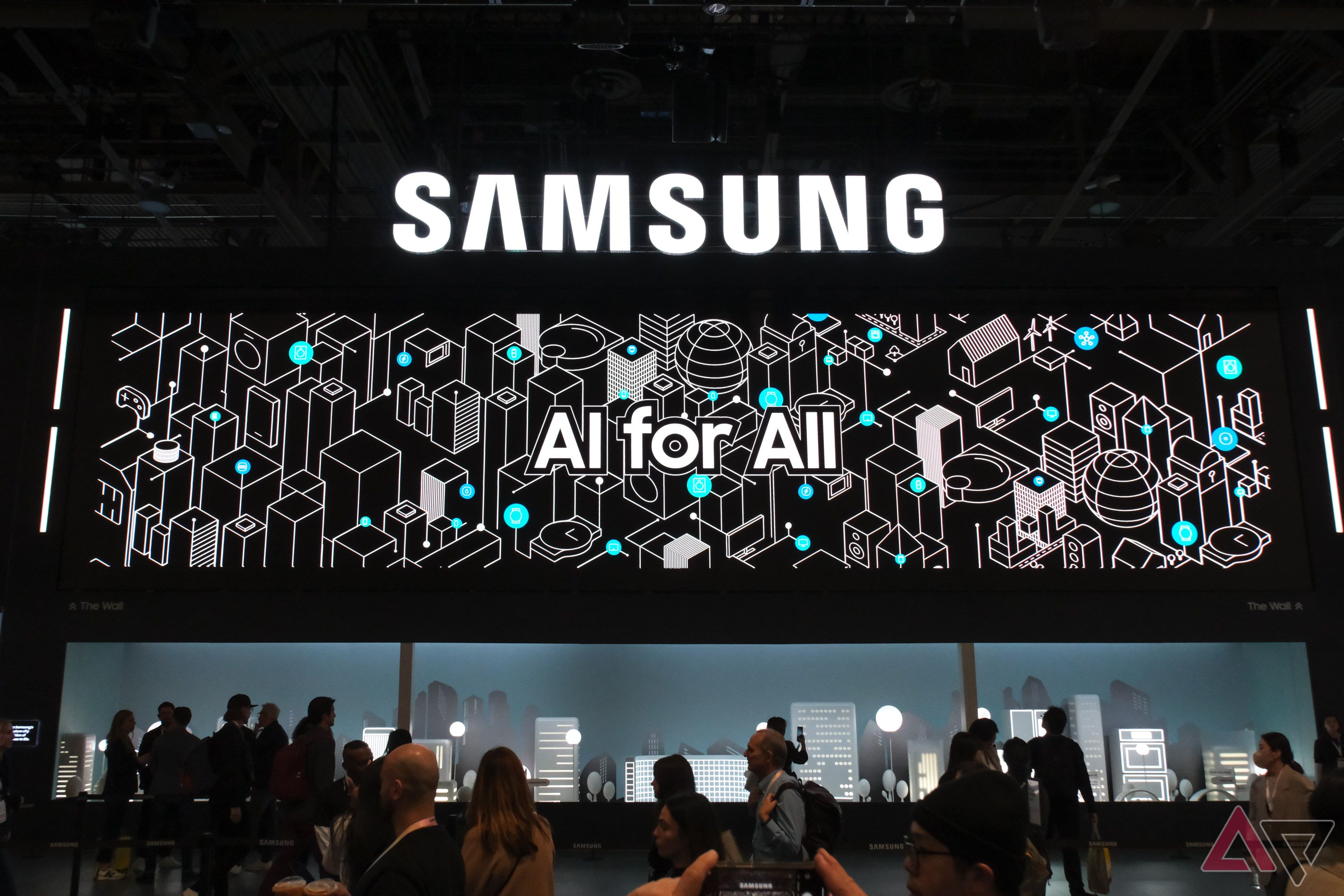 Um grande display de evento com a indicação Samsung AI for All