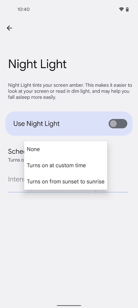 Menu de configurações de luz noturna no Google Pixel