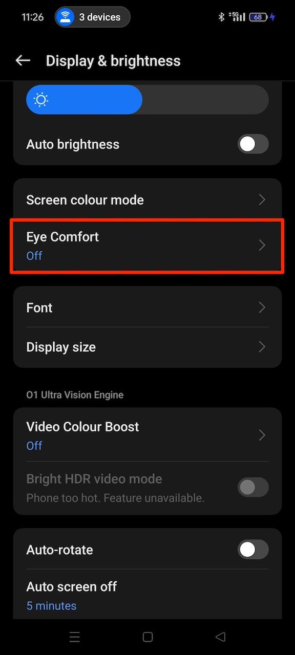 Selecionando a opção Eye Comfort no menu de configurações de exibição do Android