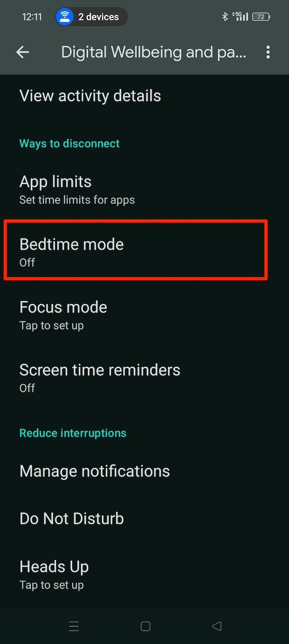 Selecionando a opção Modo hora de dormir no menu de configurações do Bem-estar digital