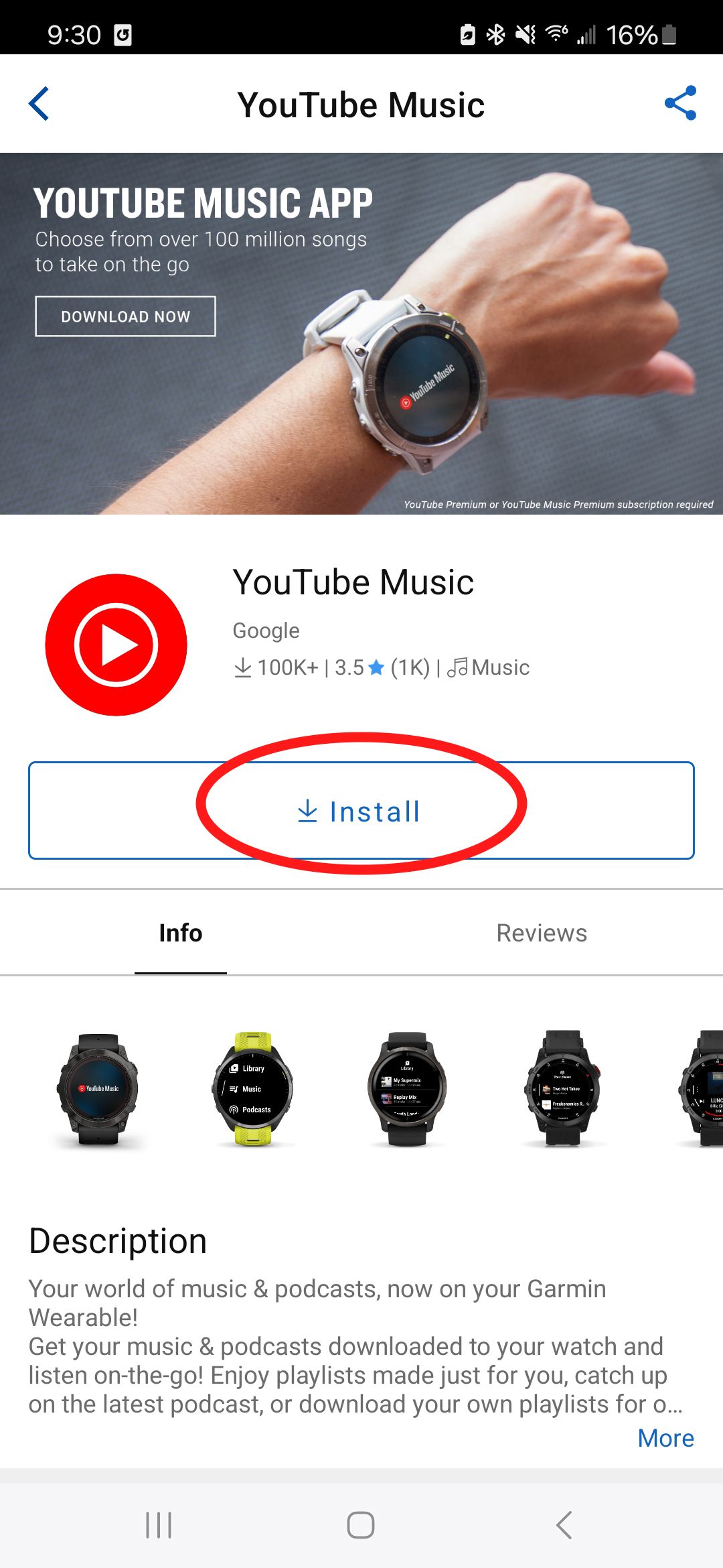 Uma captura de tela da página do aplicativo Garmin Connect IQ YouTube Music com um círculo vermelho ao redor de Instalar.