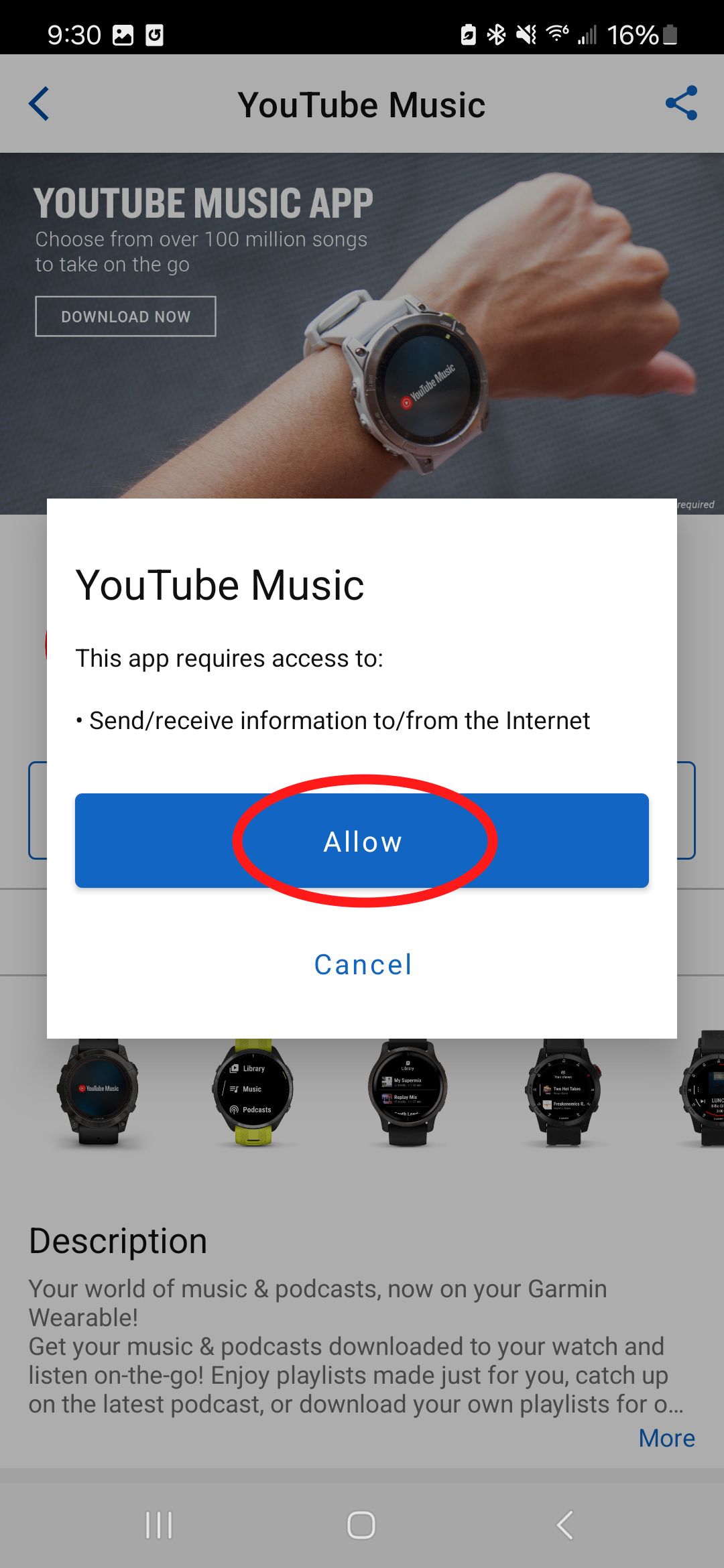 Uma captura de tela da página do aplicativo Garmin Connect IQ YouTube Music com um círculo vermelho ao redor de Permitir.