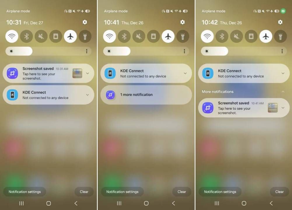 Capturas de tela da filtragem de notificação do One UI 7 em ação.