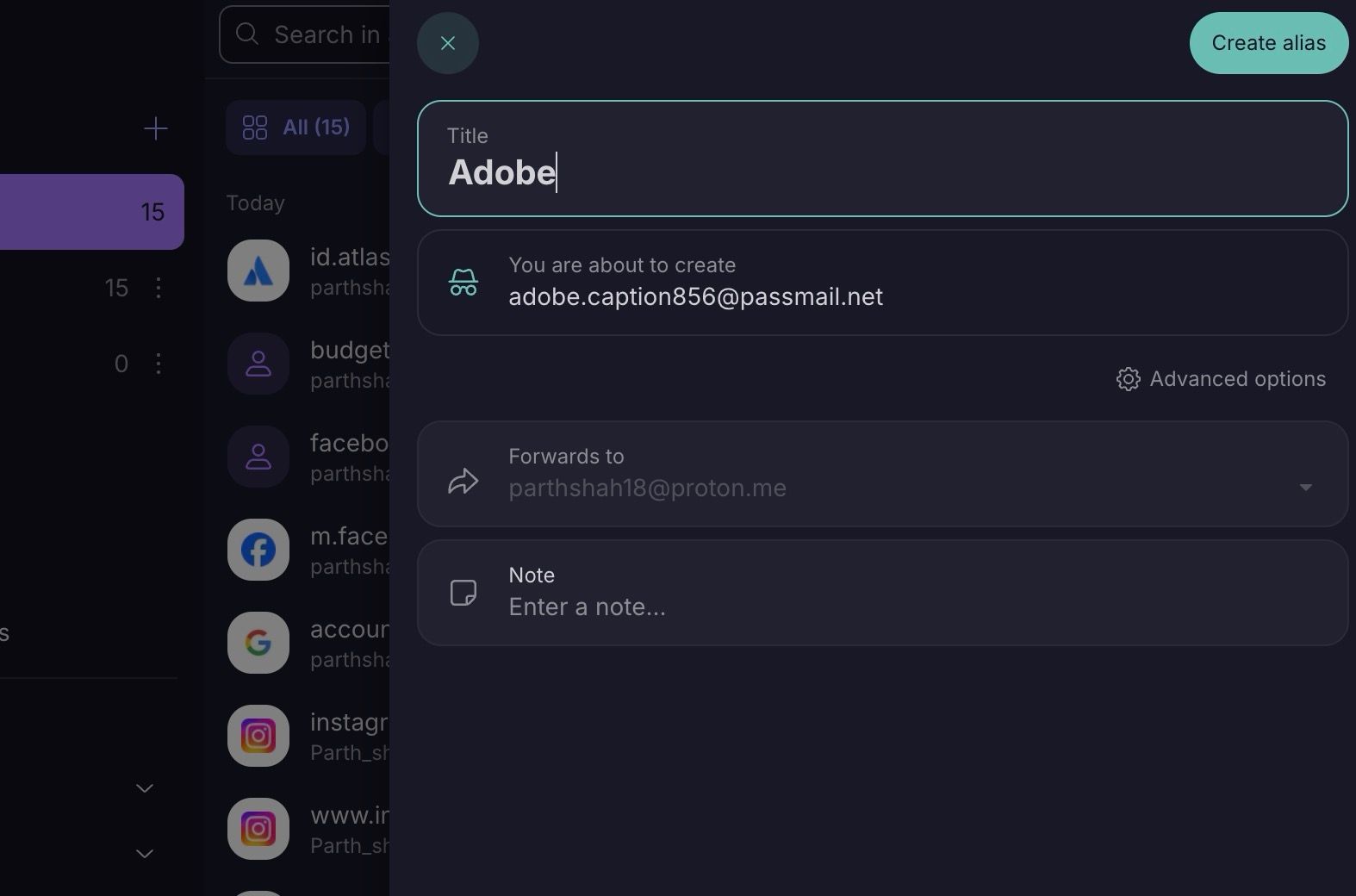 Crie um alias de e-mail no Proton Pass