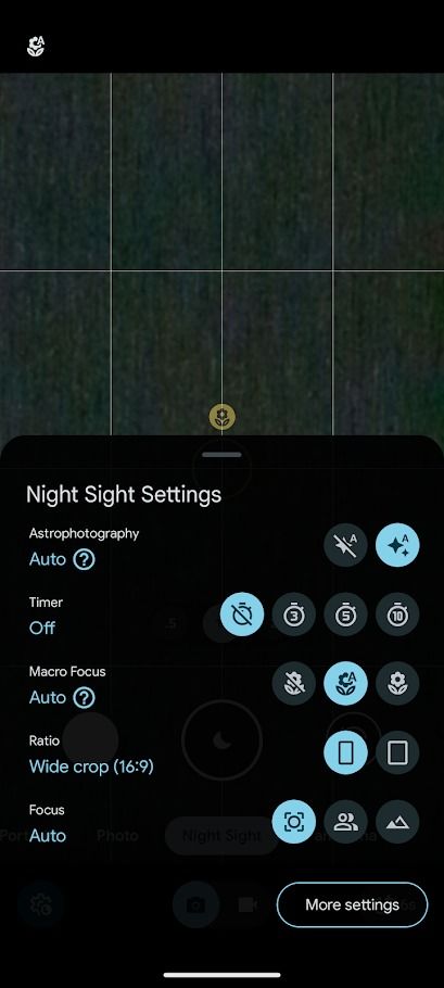 configurações de visão noturna no aplicativo de câmera pixel