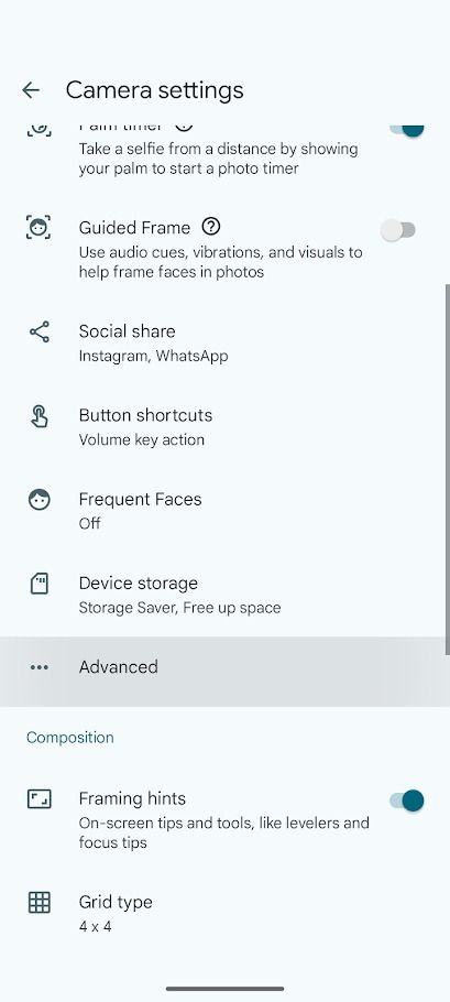 configurações da câmera no aplicativo de câmera pixel