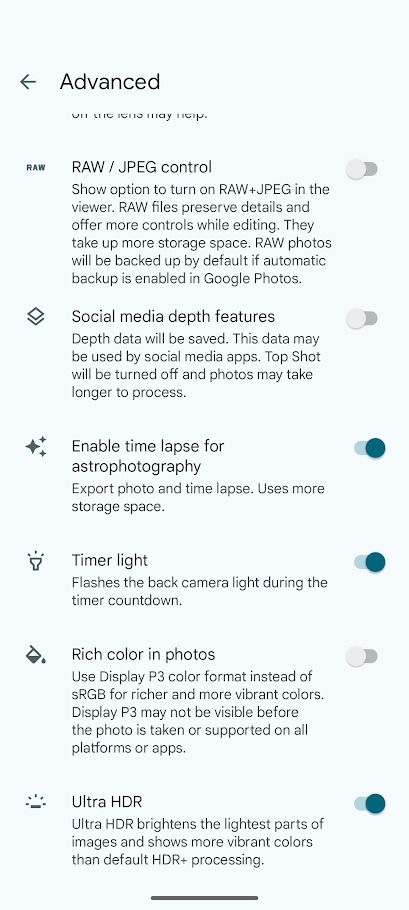 configurações avançadas de câmera no aplicativo de câmera pixel