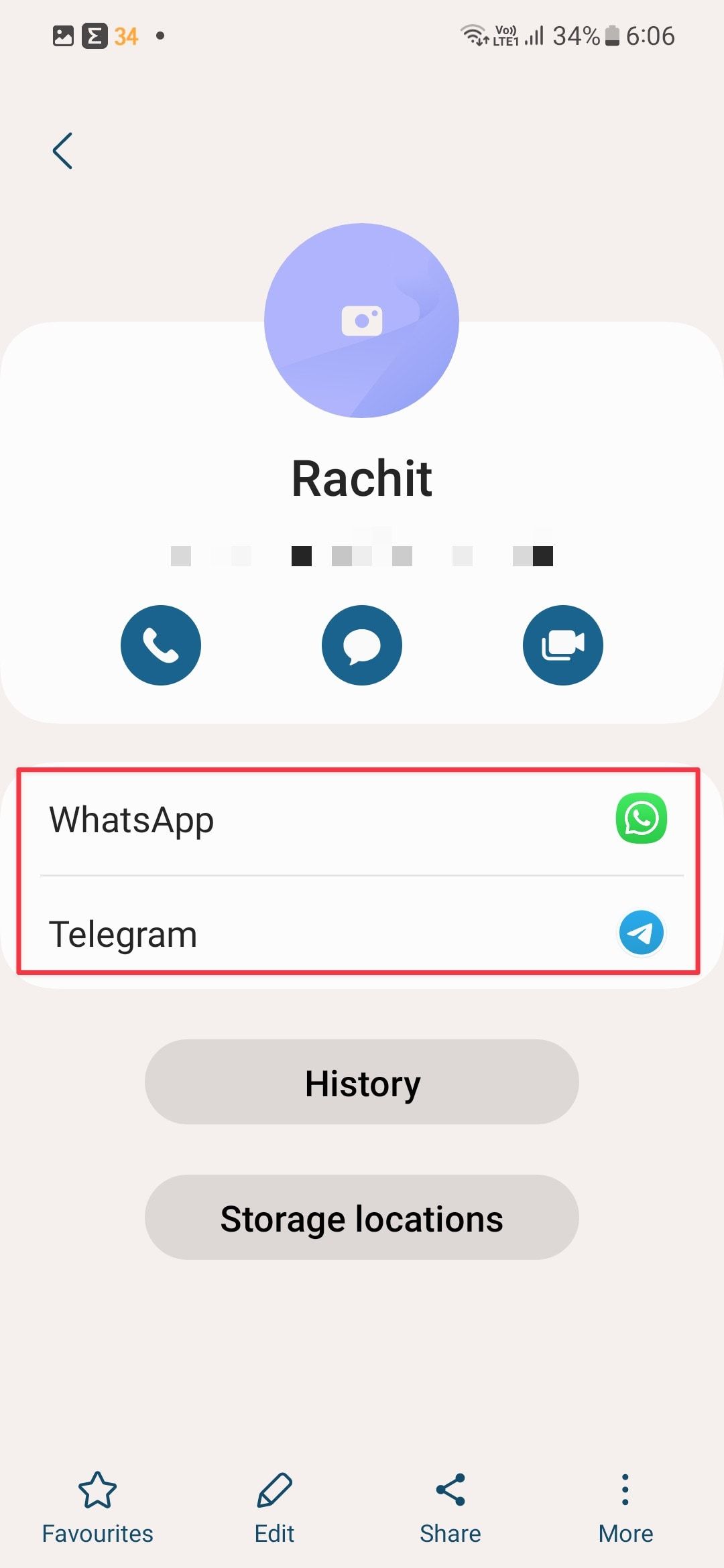 Captura de tela da página de informações de contato da Samsung mostrando WhatsApp e Telegram