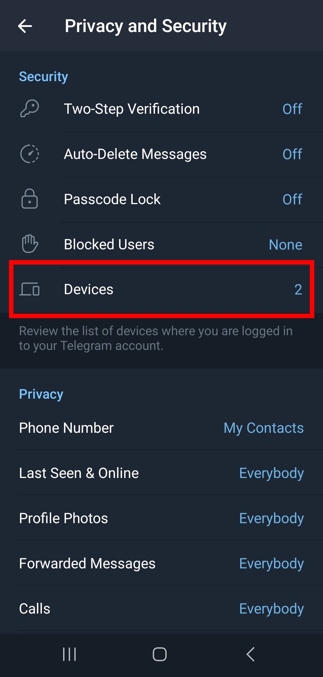 Retângulo vermelho destacando dispositivos nas configurações de privacidade e segurança do Telegram