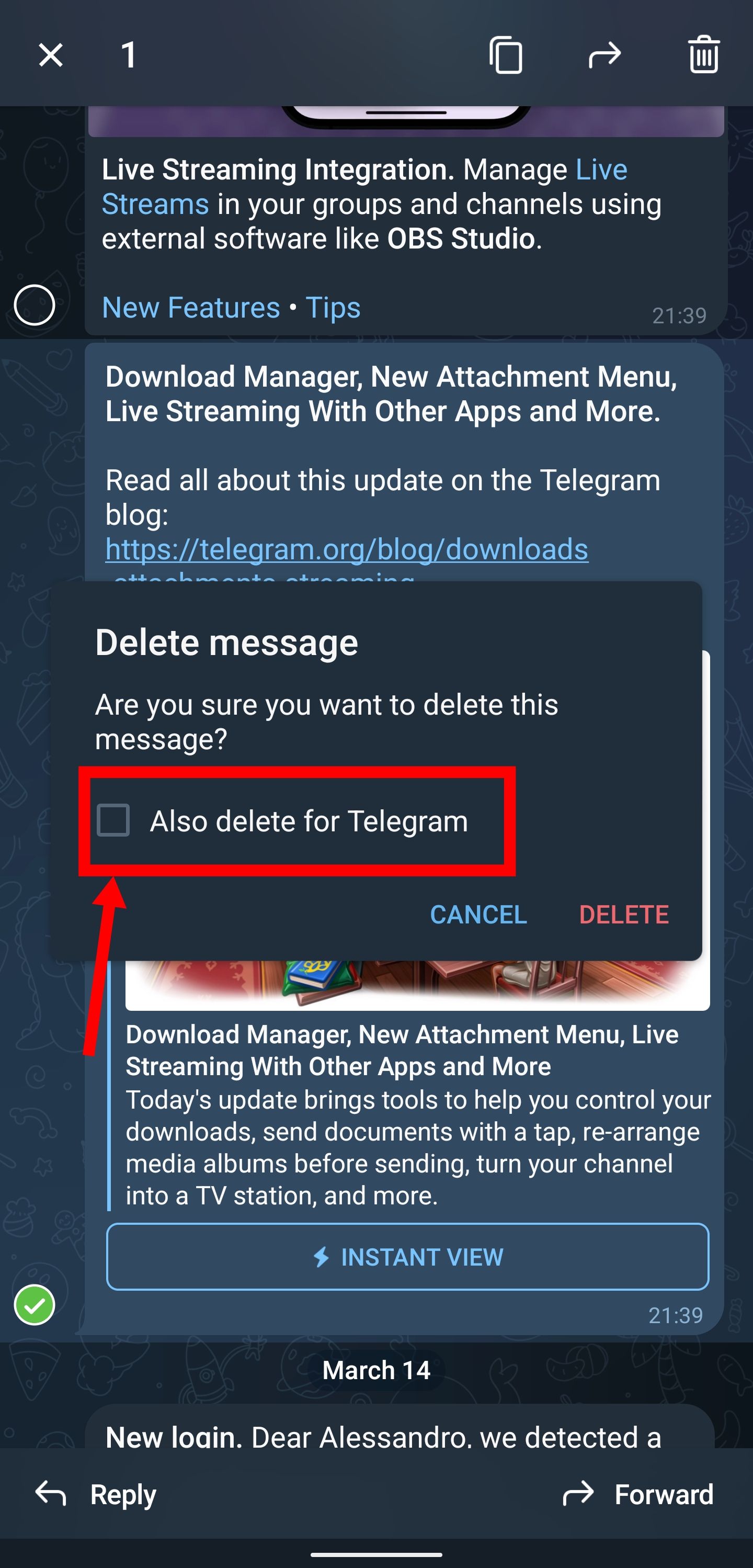 Seta vermelha apontando para o retângulo vermelho destacando também a opção Excluir para Telegram