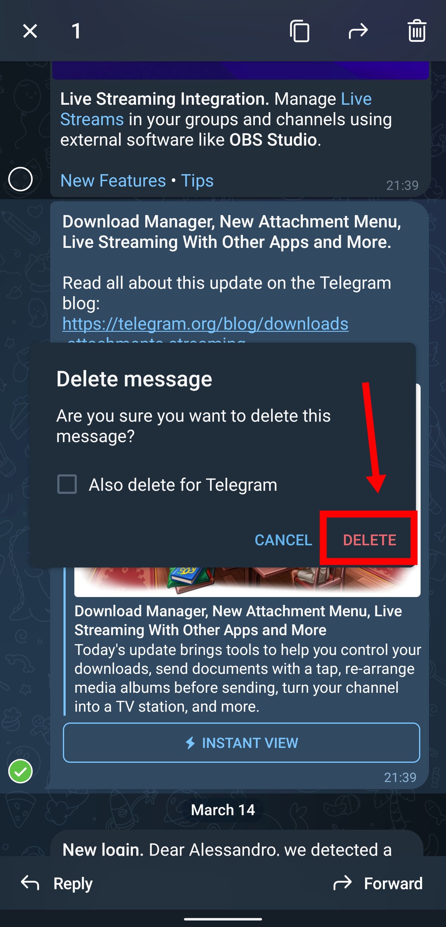 Seta vermelha apontando para um retângulo vermelho destacando Excluir em um bate-papo do Telegram