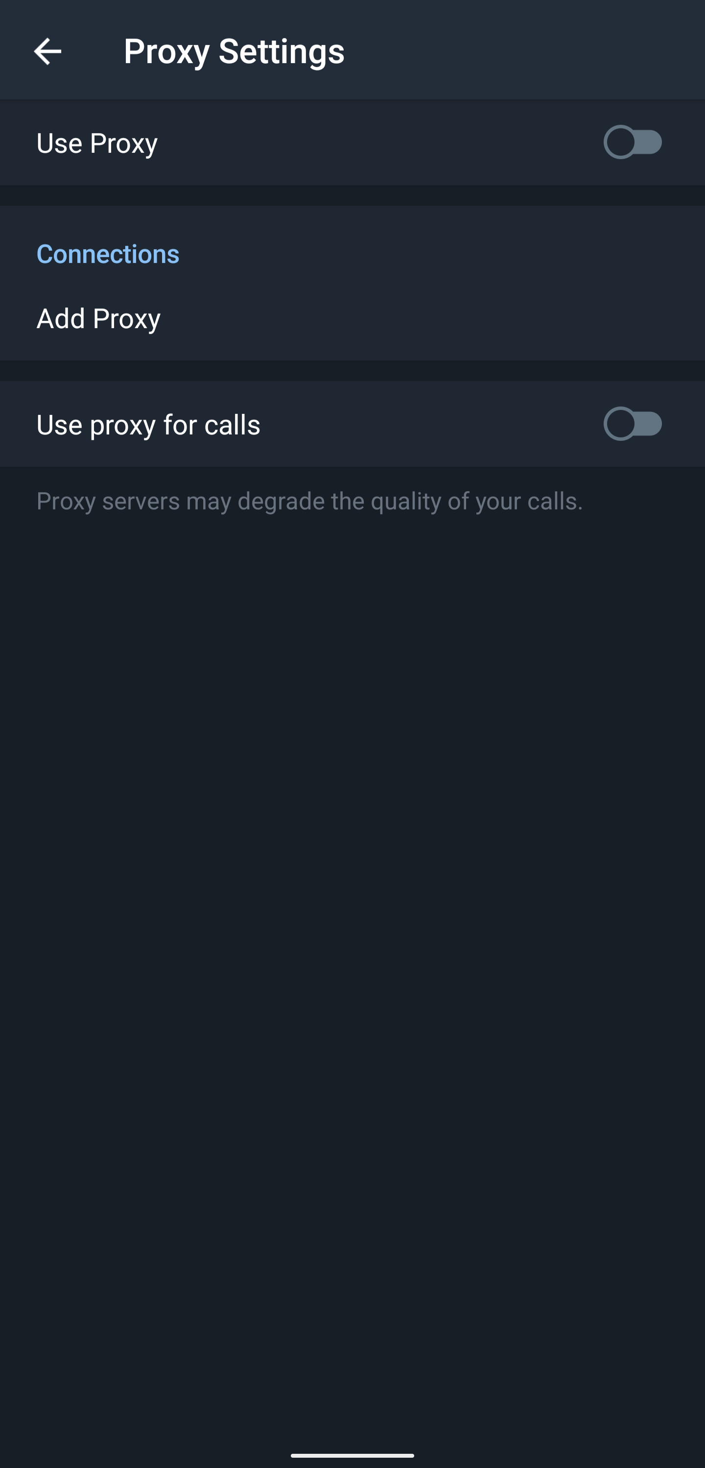 Página de configurações de proxy no aplicativo móvel Telegram