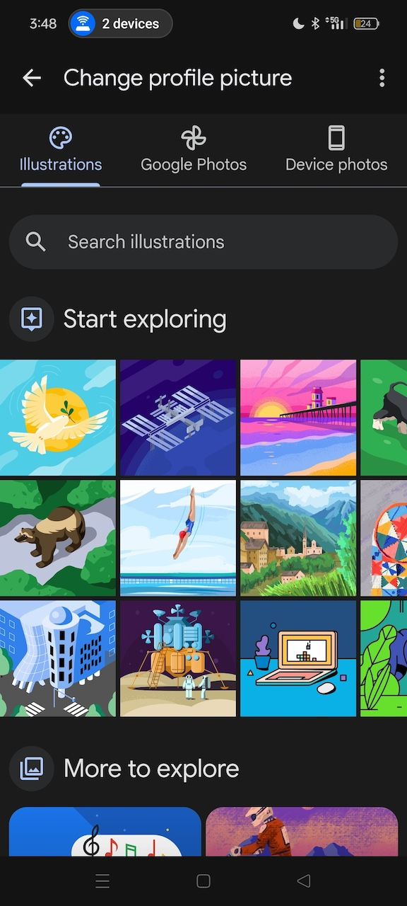 Opções de ilustração para foto de perfil da conta Google no Android
