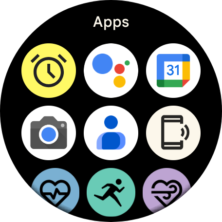 Ícones de aplicativos no Pixel Watch executando Wear OS