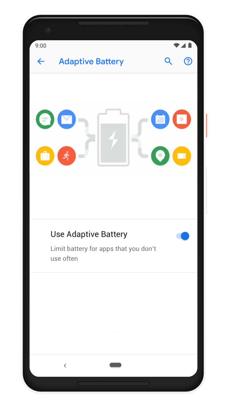 Uma simulação das configurações da bateria adaptável em um telefone Google Pixel