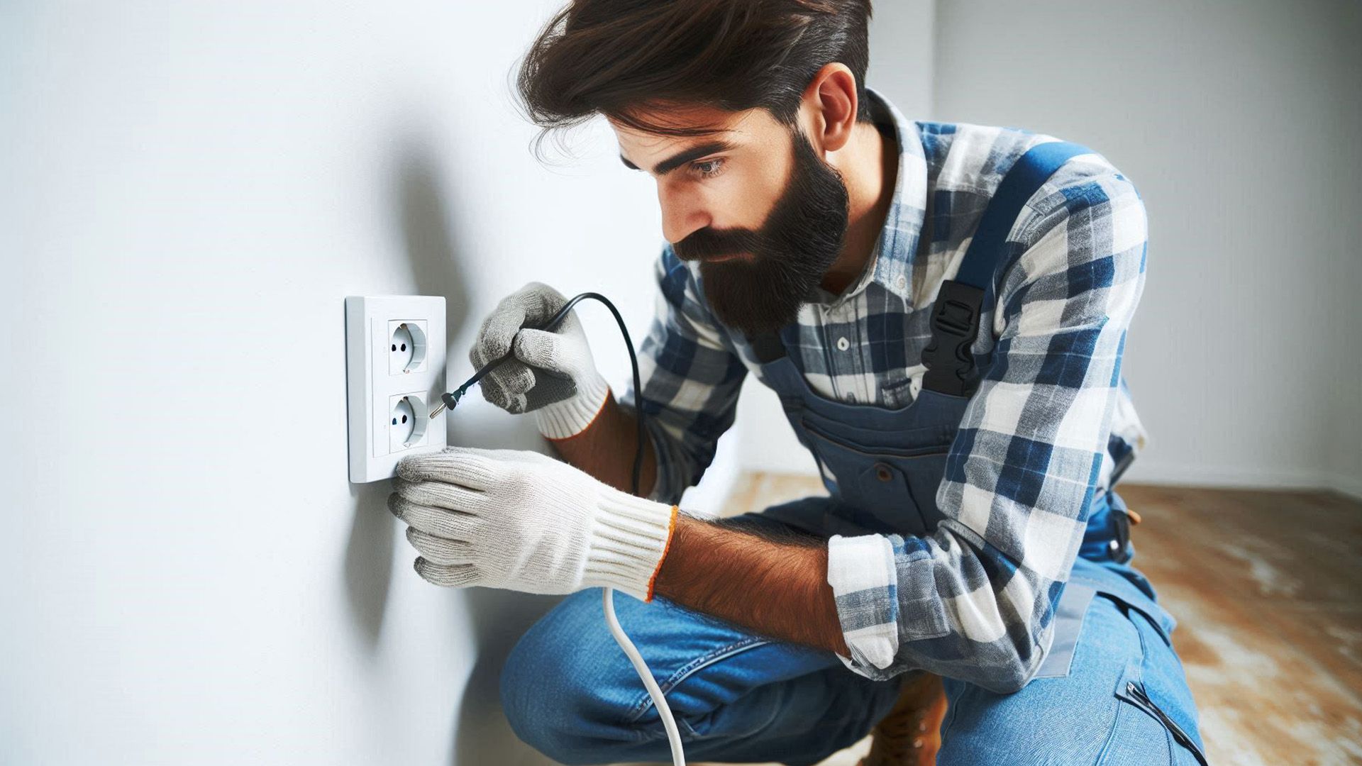 imagem ai de um eletricista fazendo manutenção em uma tomada em uma sala vazia