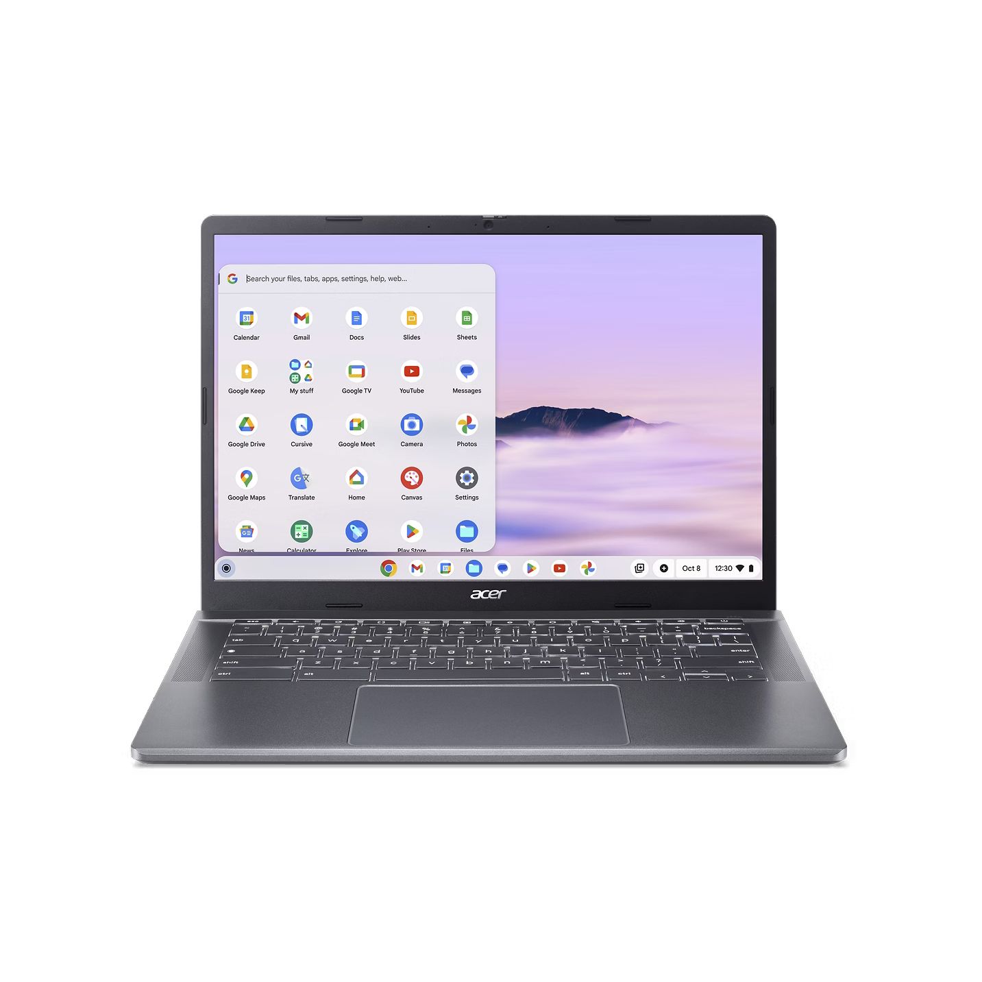 acer chromebook plus 514 com tampa aberta mostrando tela em fundo branco