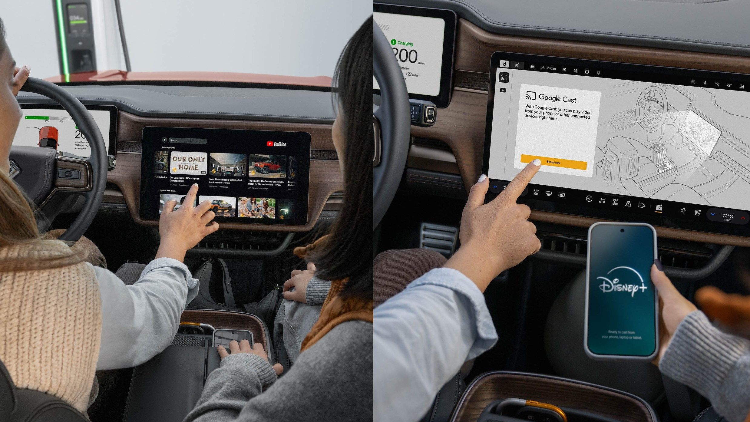 Imagens das interfaces do Google Cast e do YouTube para TV em telas sensíveis ao toque Rivian