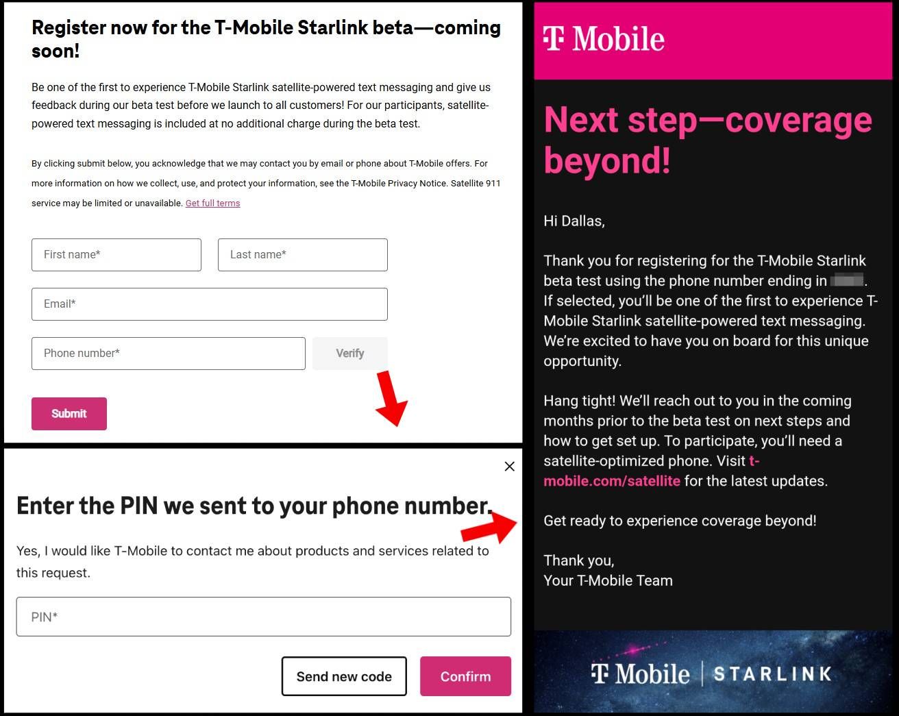 Capturas de tela destacando o processo de registro da T-Mobile Starlink.