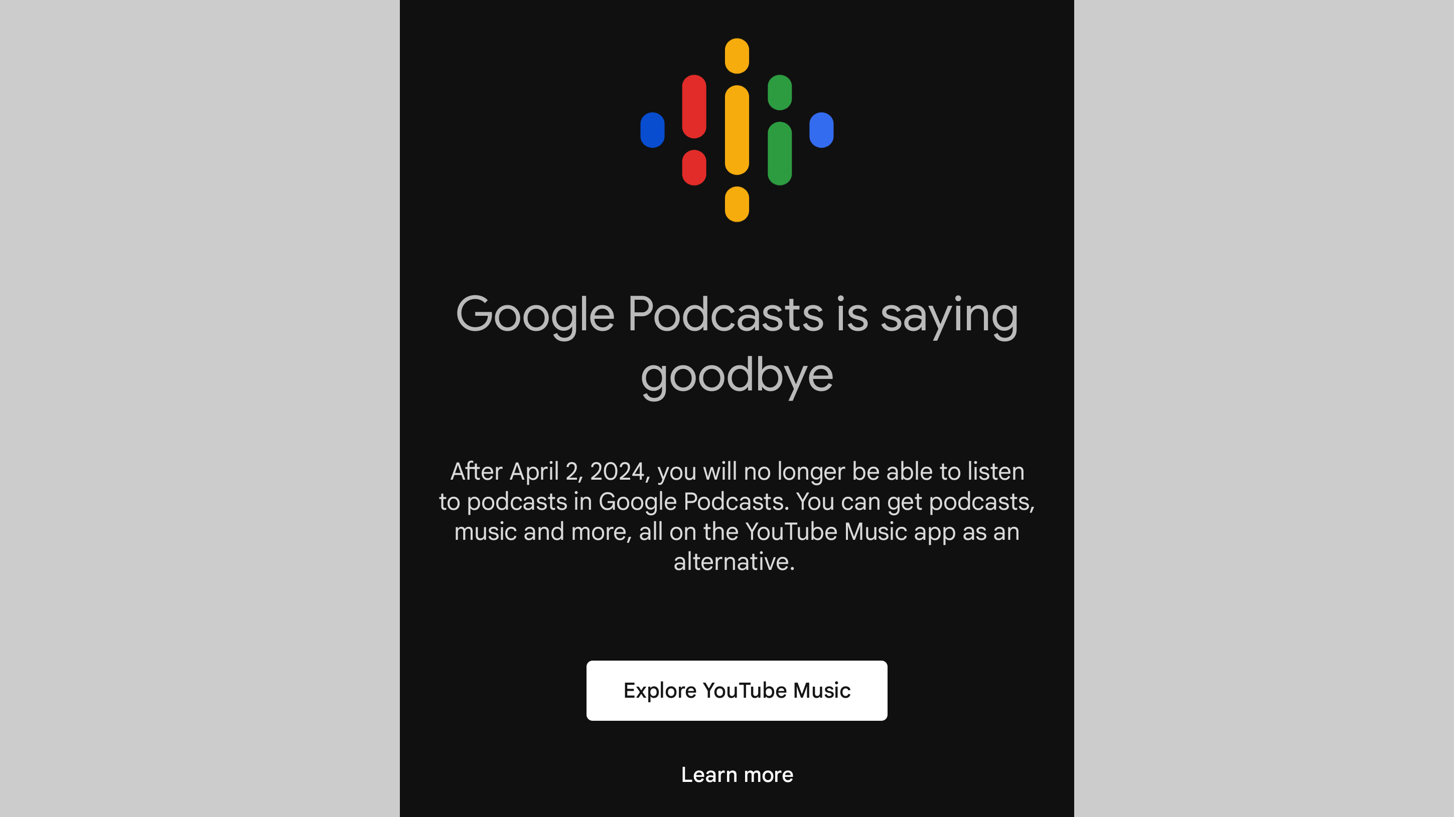 A mensagem de despedida do Google Podcasts