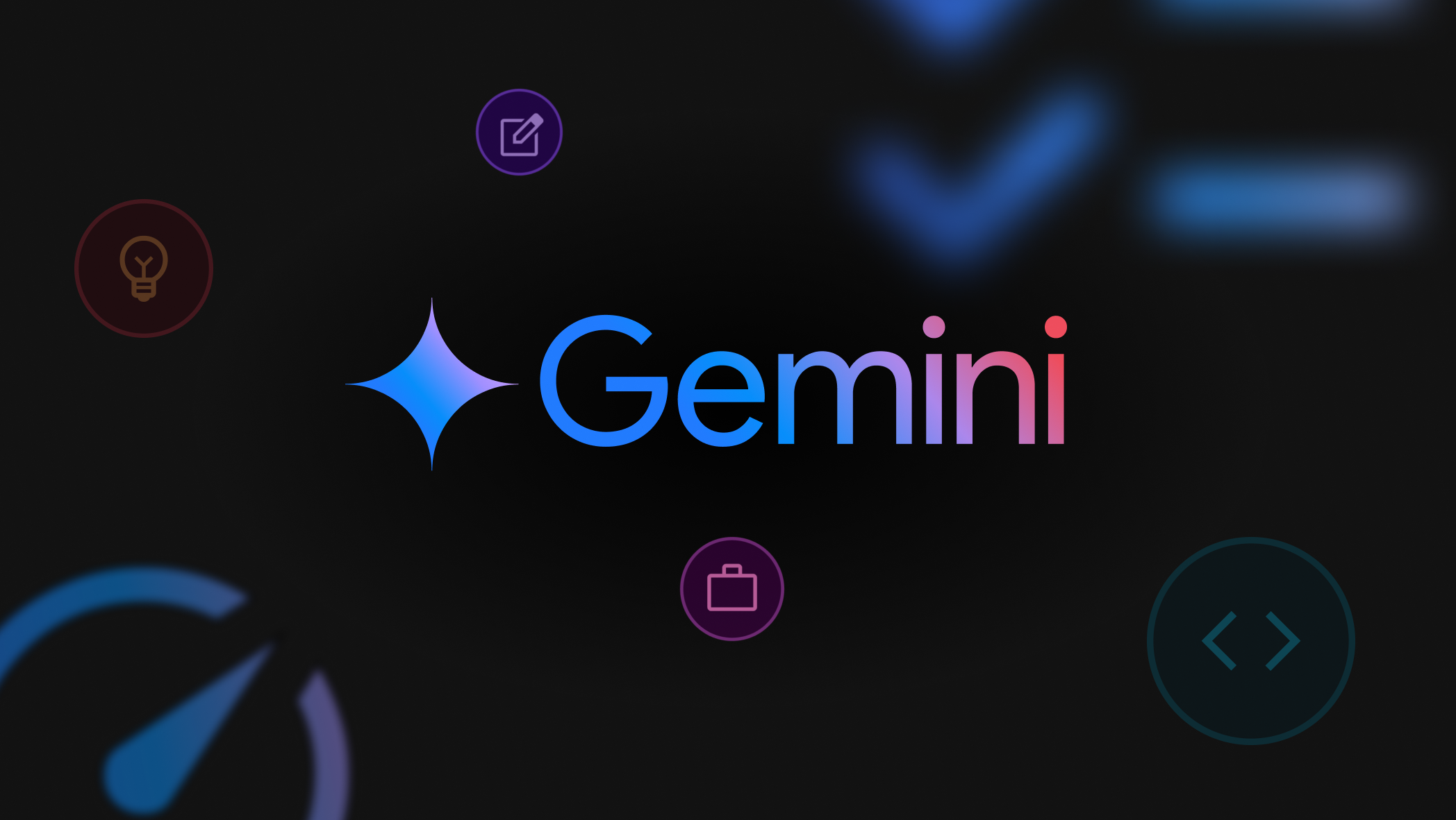 Logotipo do Google Gemini com ícones circulares flutuando ao seu redor.