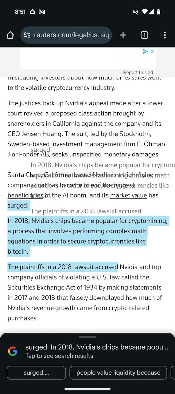 Texto destacado em chips Nvidia com sombra de arrasto visível no navegador móvel Google Chrome