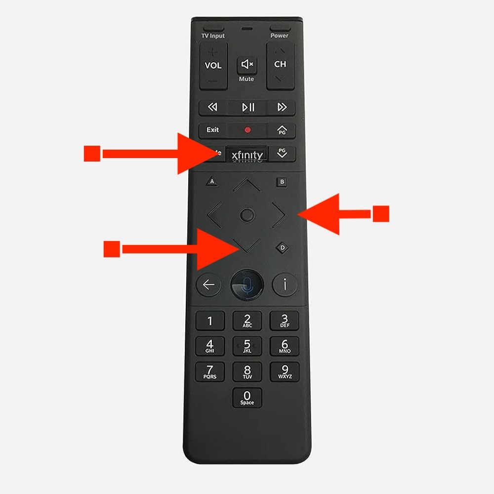 Uma imagem que descreve os botões corretos para pressionar no controle remoto de voz Xfinity. 