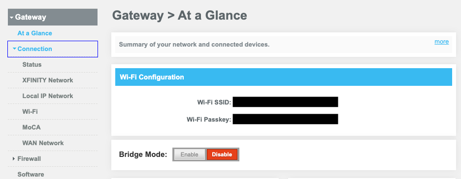 Uma captura de tela do portal da web do roteador Xfinity mostrando a página At a Glance.