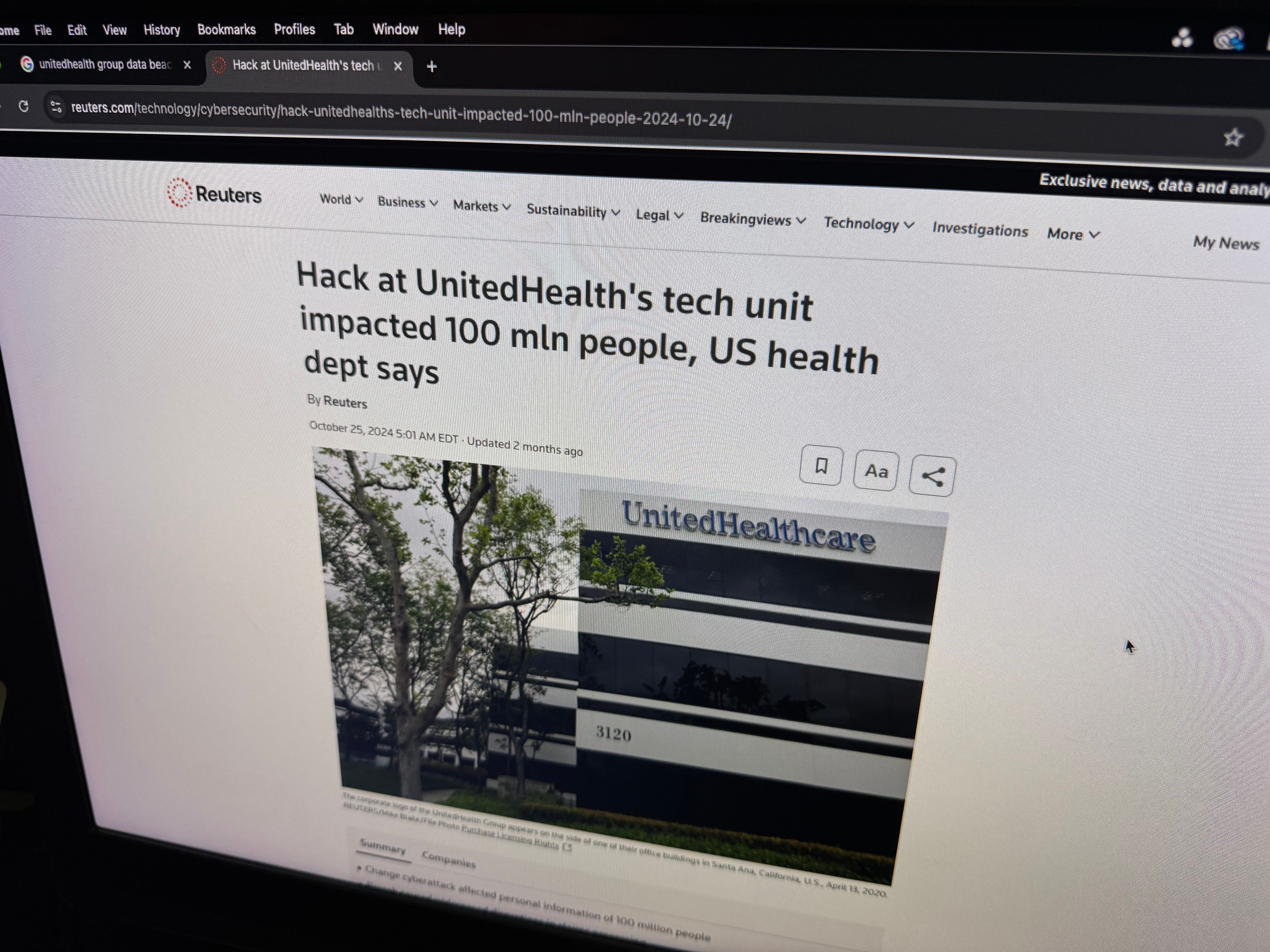 Relatório da Reuters sobre a violação de dados do UnitedHealth Group em 2024